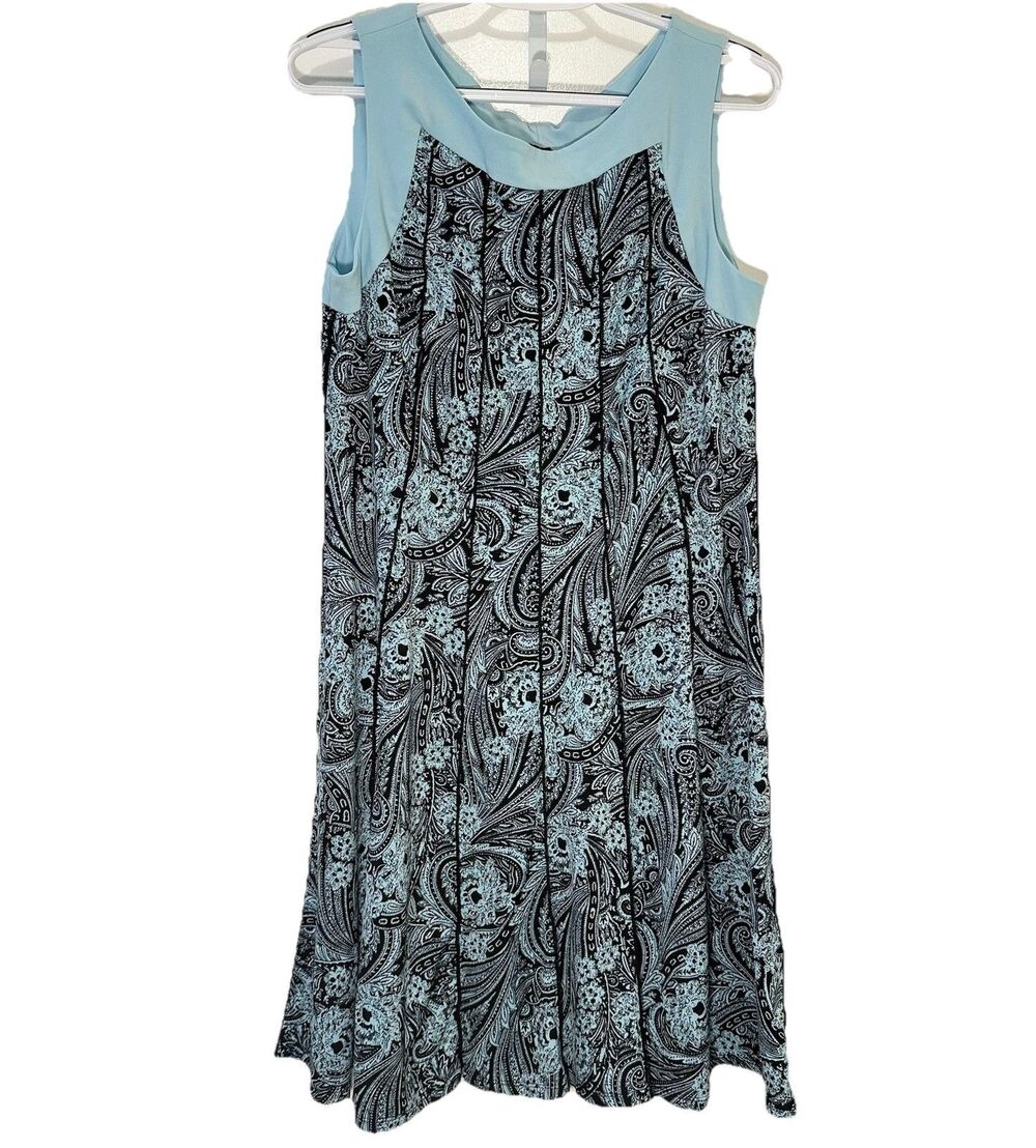 Perceptions New York Paisley Sleeveless A Line Dress L Stretch Knee Light Blue
